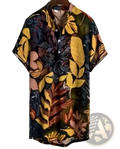 Men slim fit tropical floral short sleeve button shirt with vibrant yellow orange red green patterns on navy background