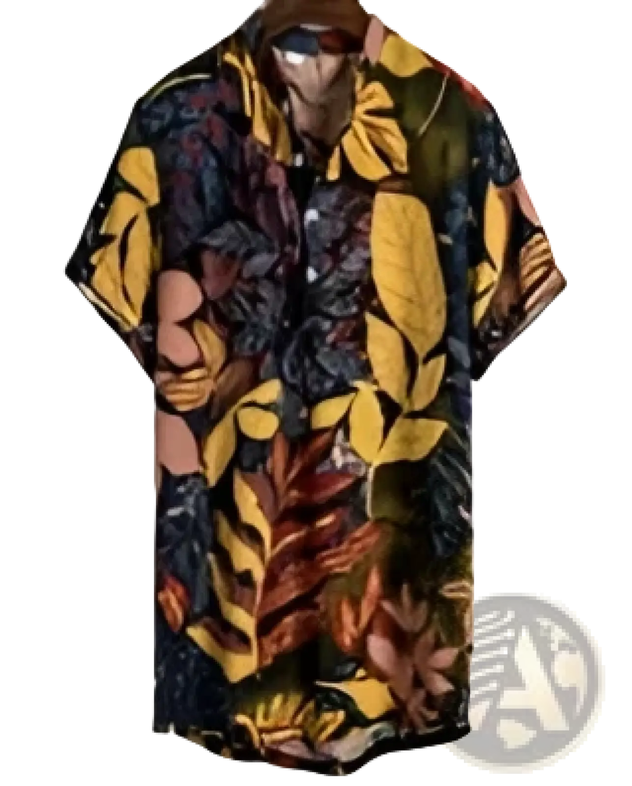 Men slim fit tropical floral short sleeve button shirt with vibrant yellow orange red green patterns on navy background
