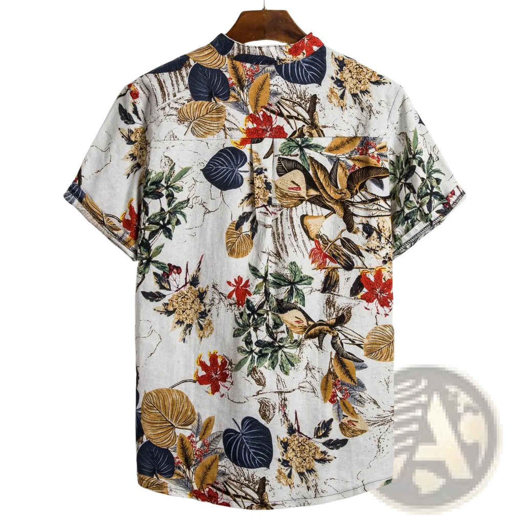Men slim fit tropical floral short sleeve button shirt in white with red gold and navy blue leaf and flower print