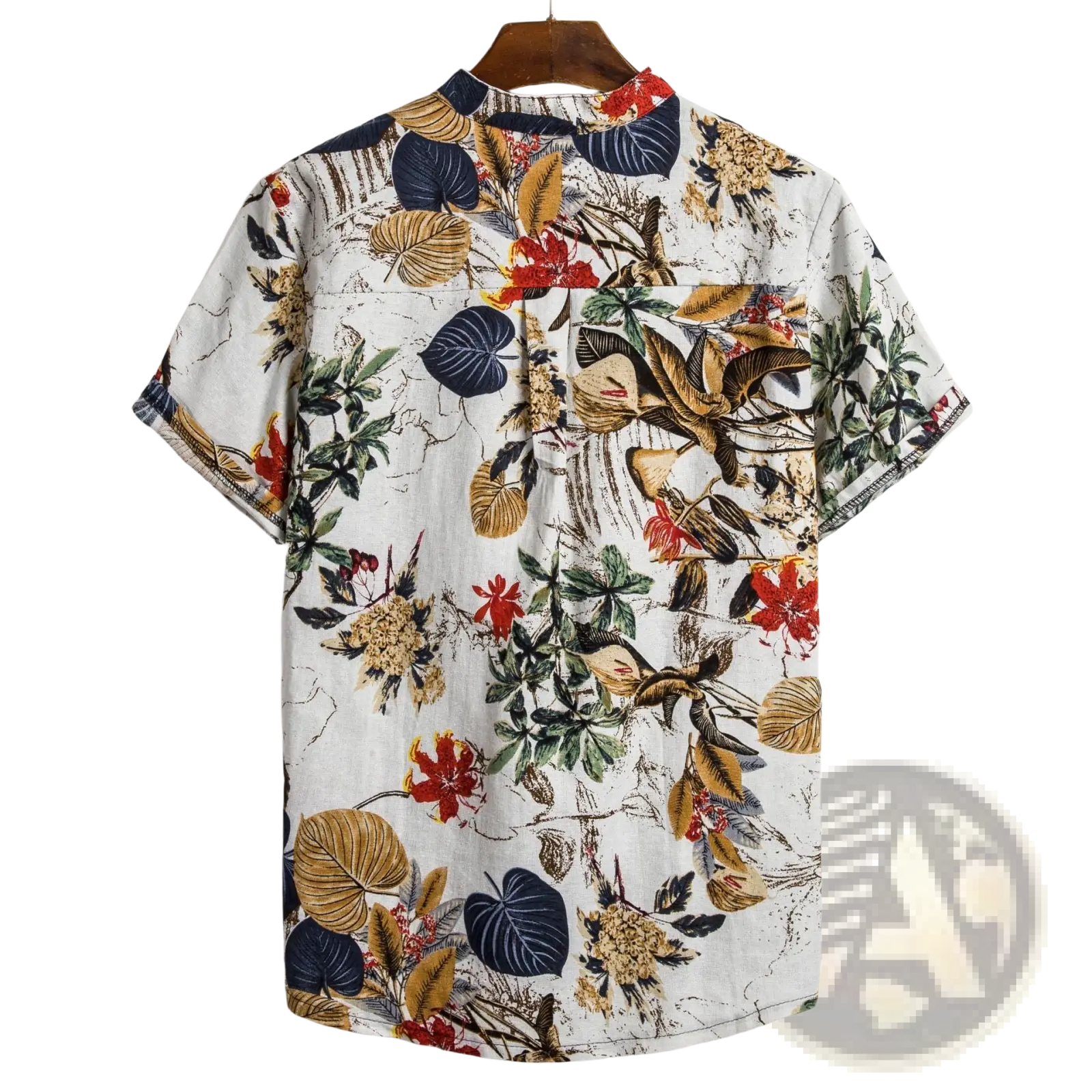 Men slim fit tropical floral short sleeve button shirt in white with red gold and navy blue leaf and flower print