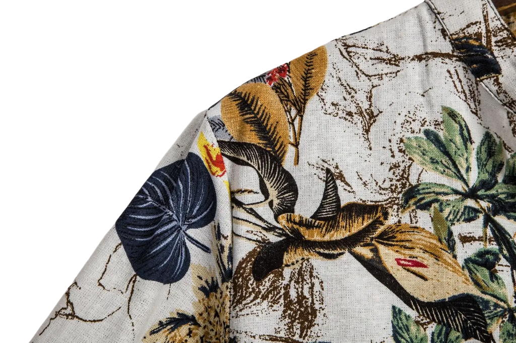 Men slim fit tropical floral short sleeve button shirt in white fabric with navy blue gold and green botanical print