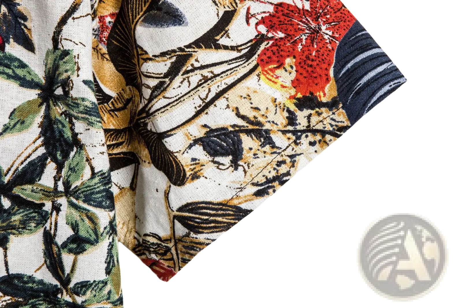 Men slim fit tropical floral short sleeve button shirt featuring vibrant red black and green botanical patterns on white fabric