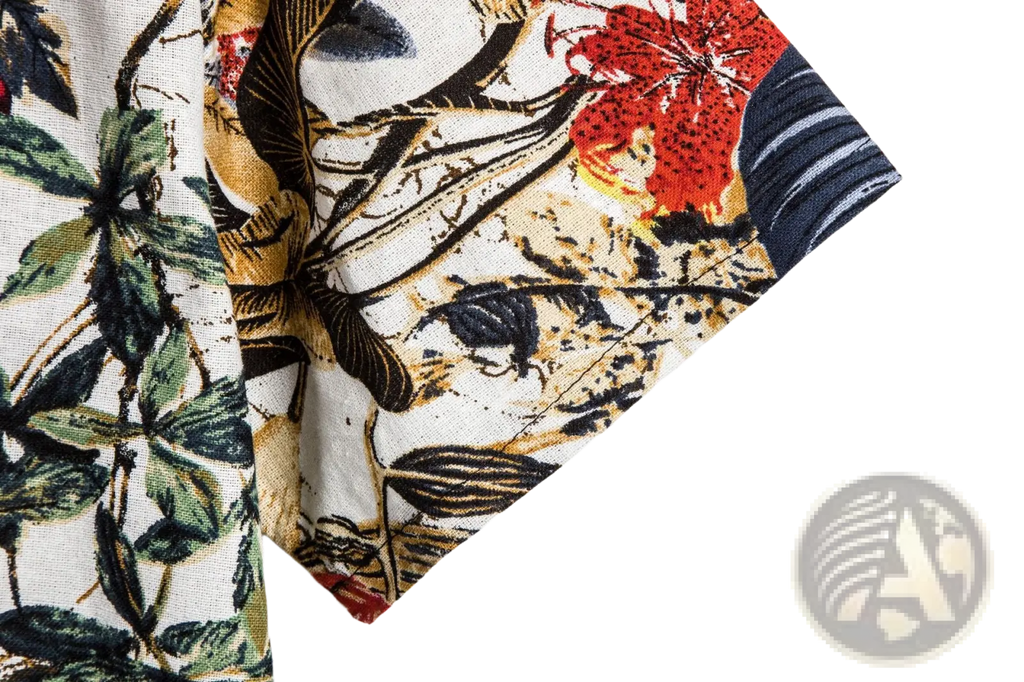 Men slim fit tropical floral short sleeve button shirt with bold red black and green botanical patterns on white fabric