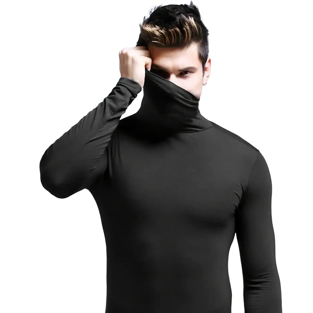 Men slim fit turtleneck long sleeve shirt in black with a form-fitting slim fit design perfect for layering or casual wear