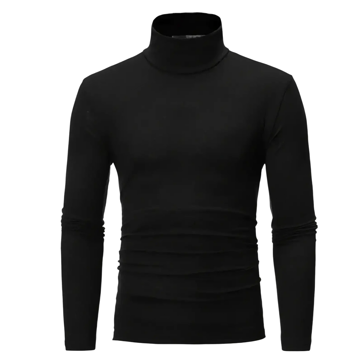 Black slim fit turtleneck long sleeve shirt with smooth form-fitting material for a sleek men’s look