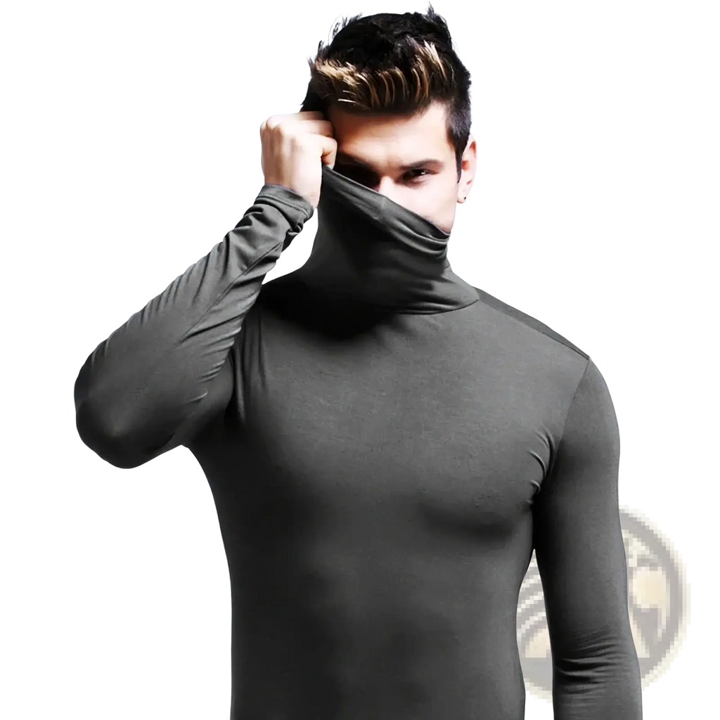 Men slim fit turtleneck long sleeve shirt in sleek dark gray with a form-fitting design for stylish comfort
