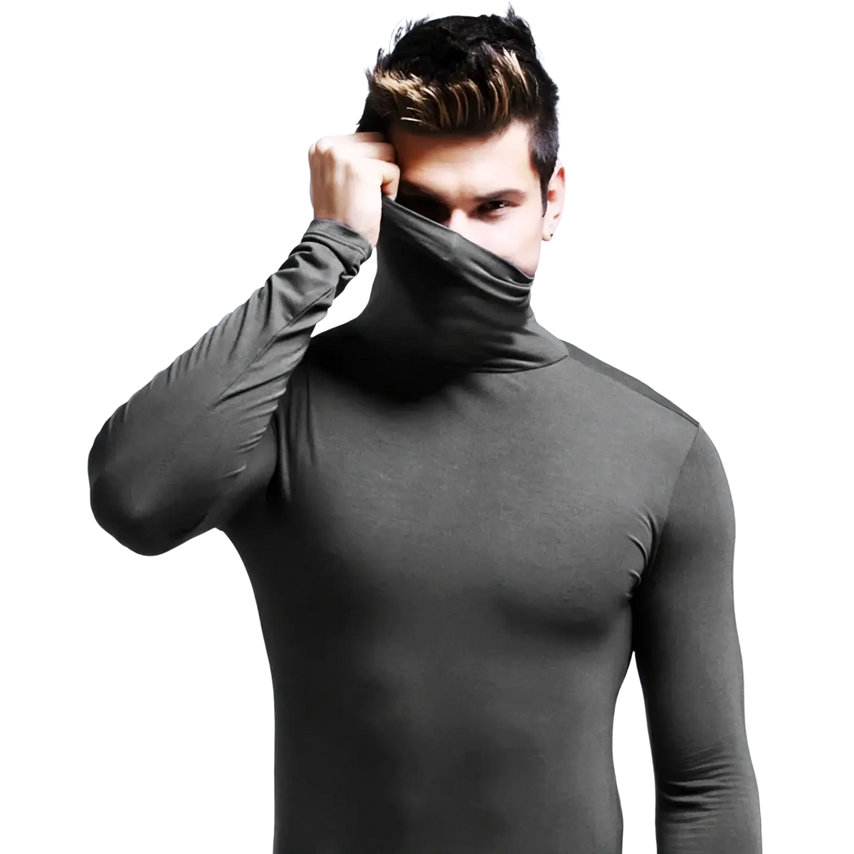 Men slim fit turtleneck long sleeve shirt in sleek dark gray with a form-fitting design for stylish comfort