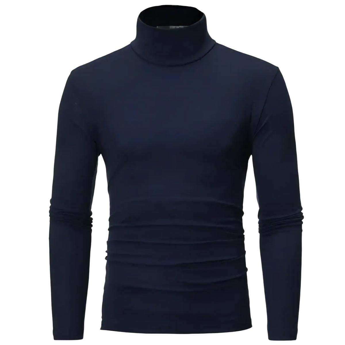 A sleek navy blue slim fit turtleneck long sleeve shirt with smooth form-fitting knit texture for men
