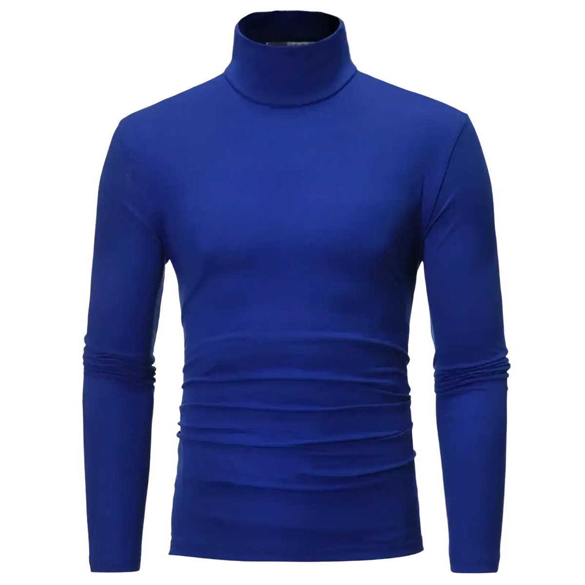A sleek royal blue slim fit turtleneck long sleeve shirt with smooth form-fitting knit texture for men