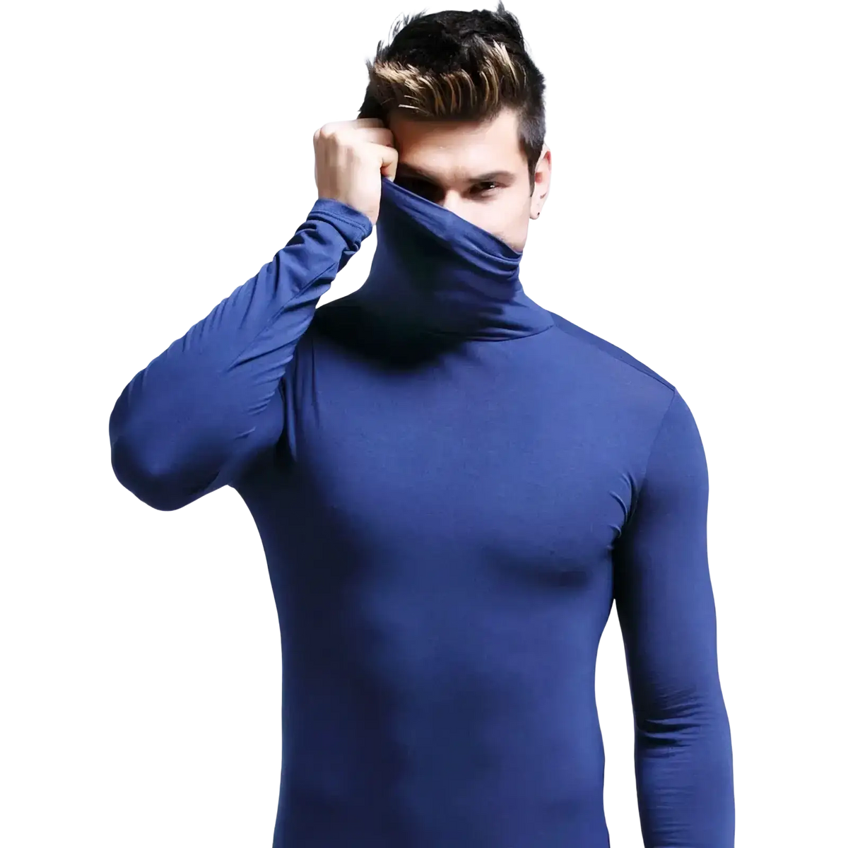 A sleek royal blue slim fit turtleneck long sleeve shirt made of stretchy fabric for men