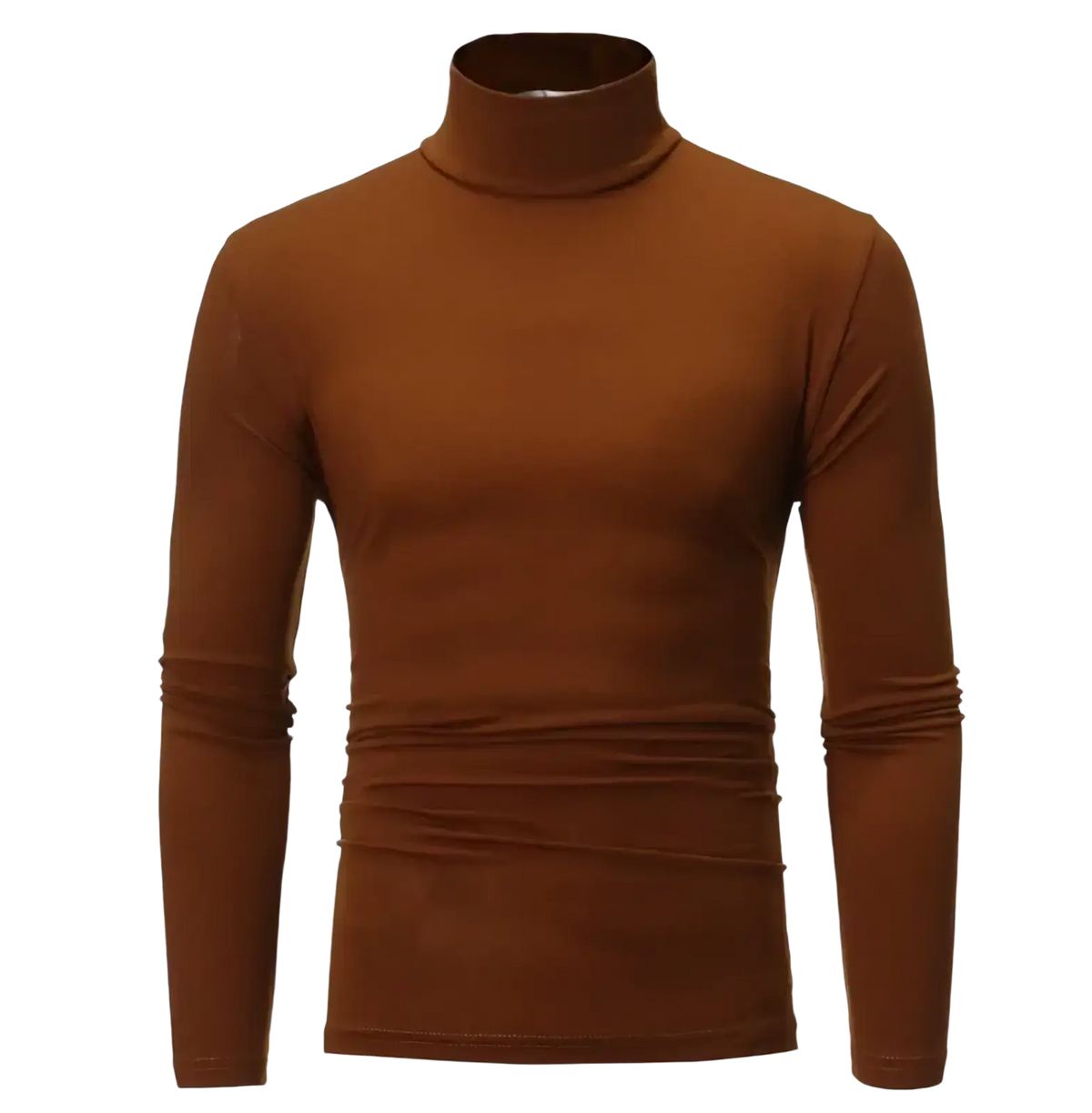 Men slim fit turtleneck long sleeve shirt in solid brown with smooth form-fitting knit texture for a sleek look