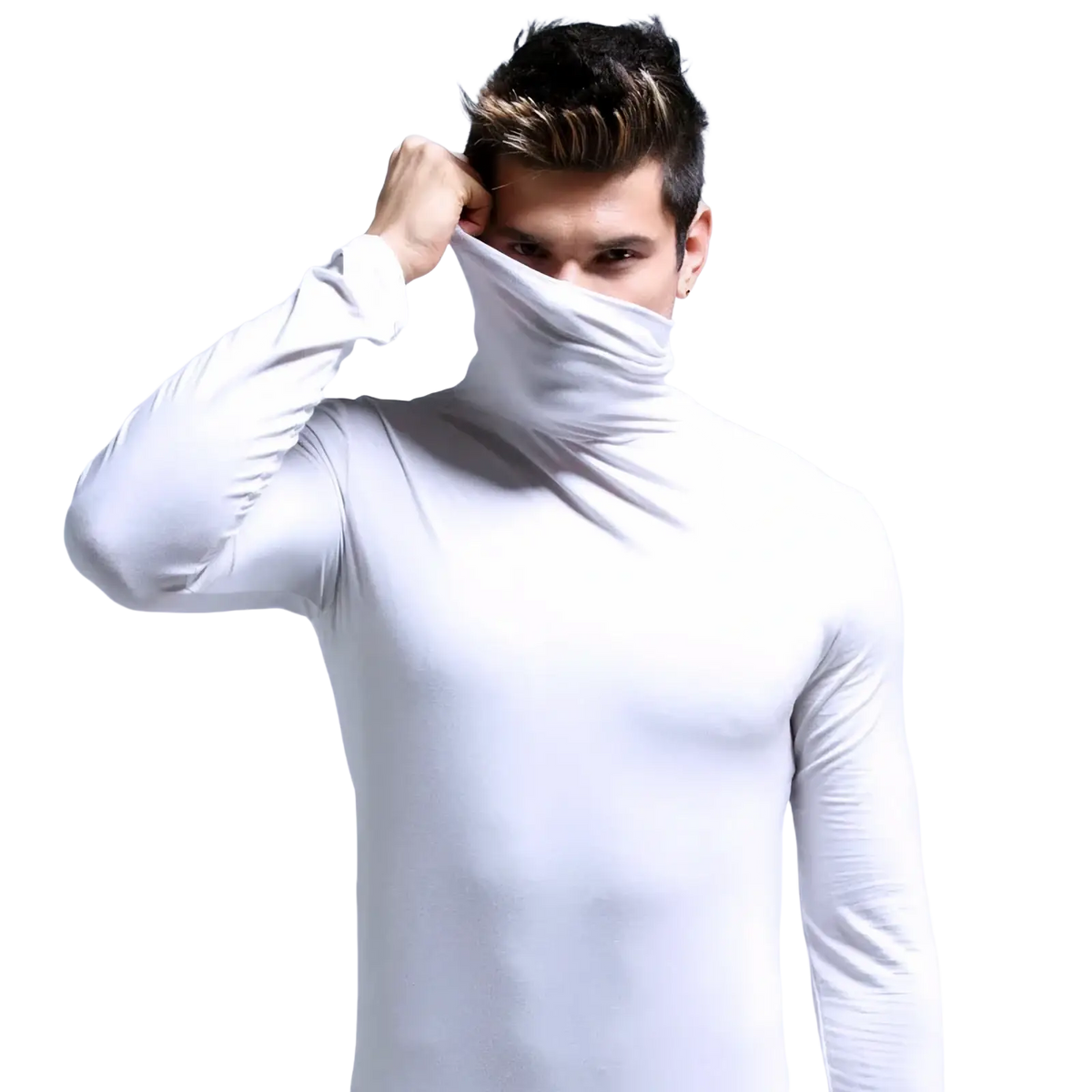 Men slim fit turtleneck long sleeve shirt in white with smooth form-fitting fabric for a sleek appearance