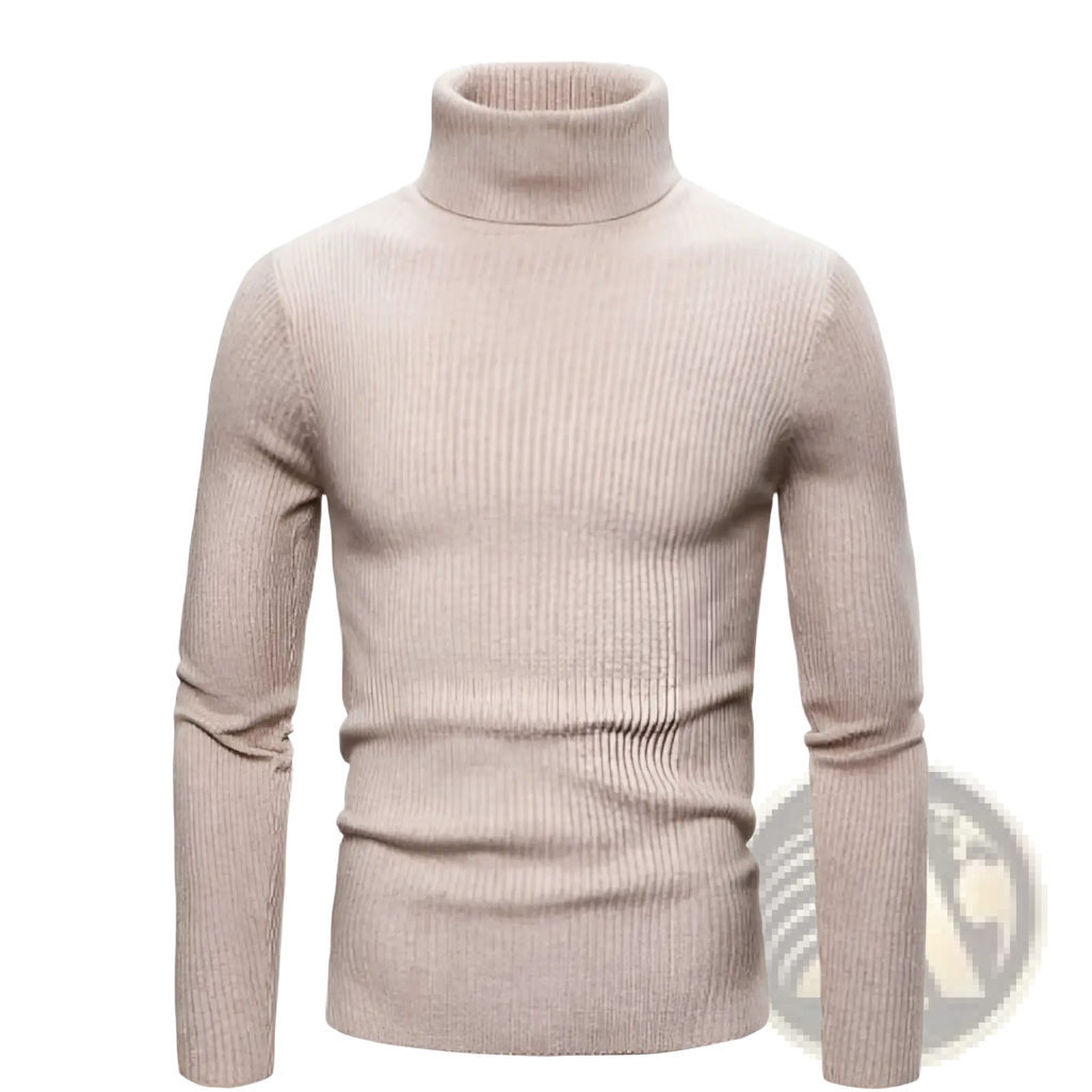 Beige ribbed knit slim fit turtleneck sweater for men made from soft material for a stylish and comfortable look