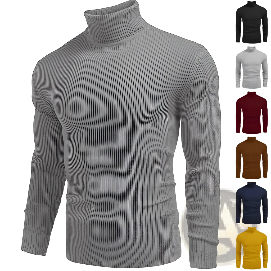 Men slim fit gray ribbed knit turtleneck sweater with vertical texture for a sleek and stylish look