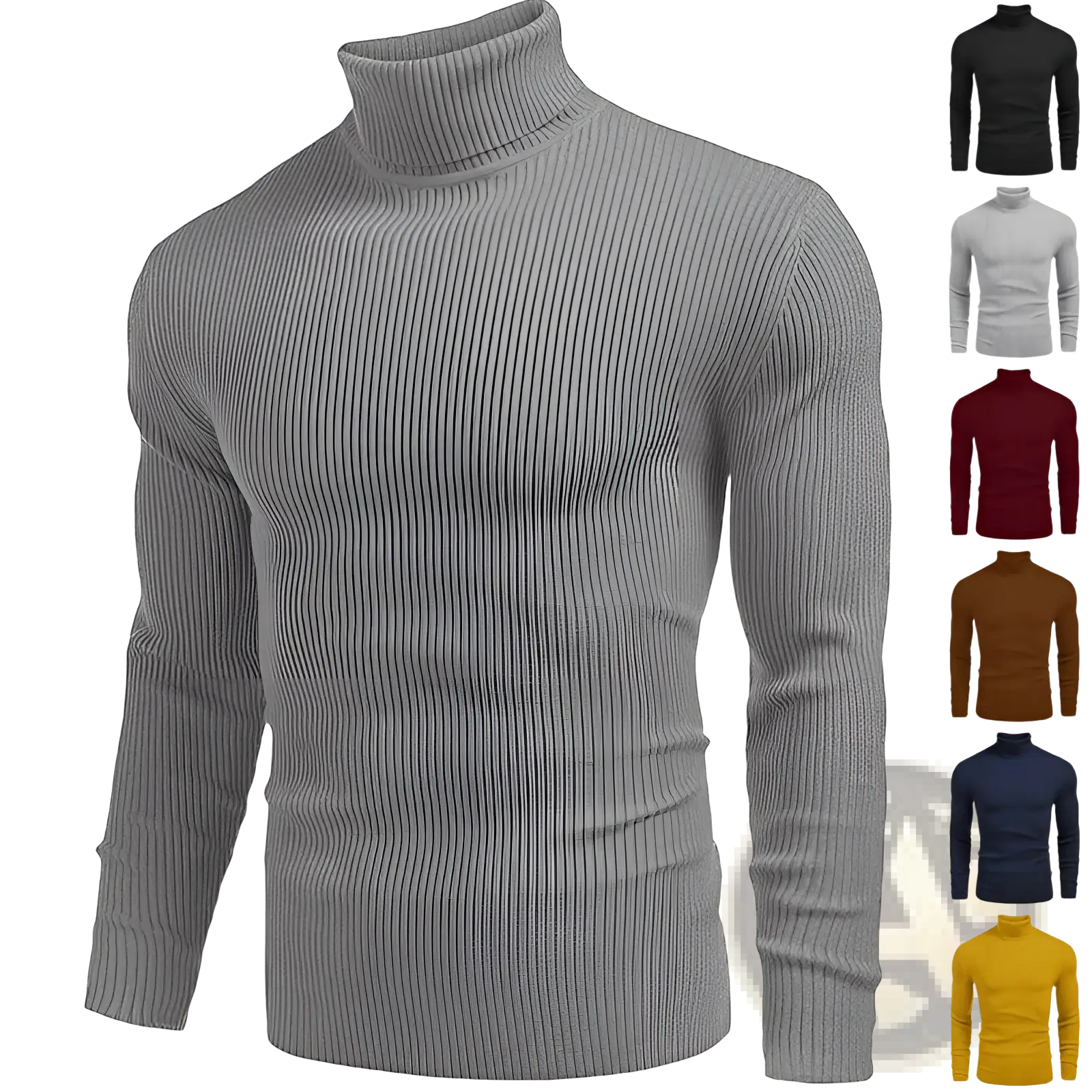 Men slim fit gray ribbed knit turtleneck sweater with vertical texture for a sleek and stylish look