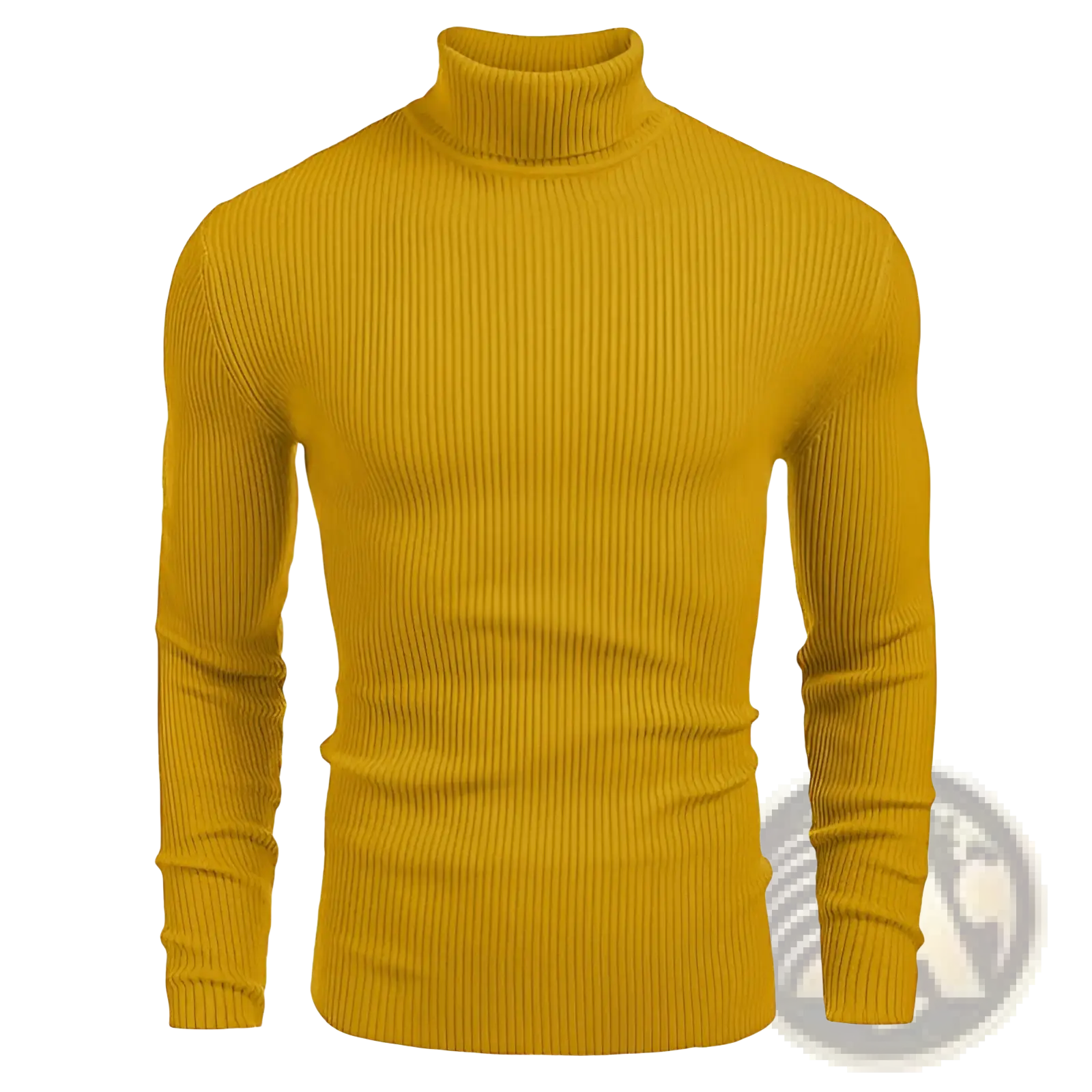 A mustard-yellow ribbed men slim fit turtleneck sweater featuring a snug, form-fitting design