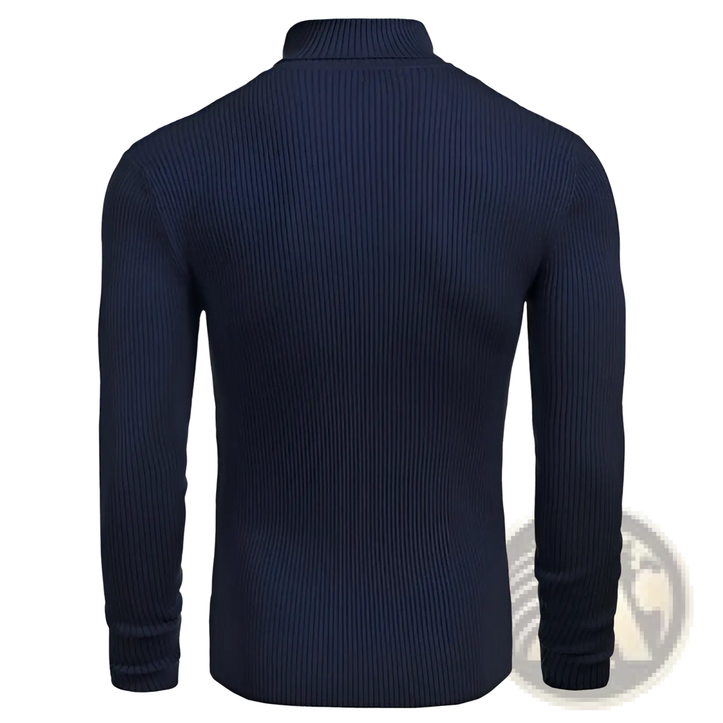 Men slim fit navy blue ribbed knit turtleneck sweater made of warm material for stylish cold weather layering