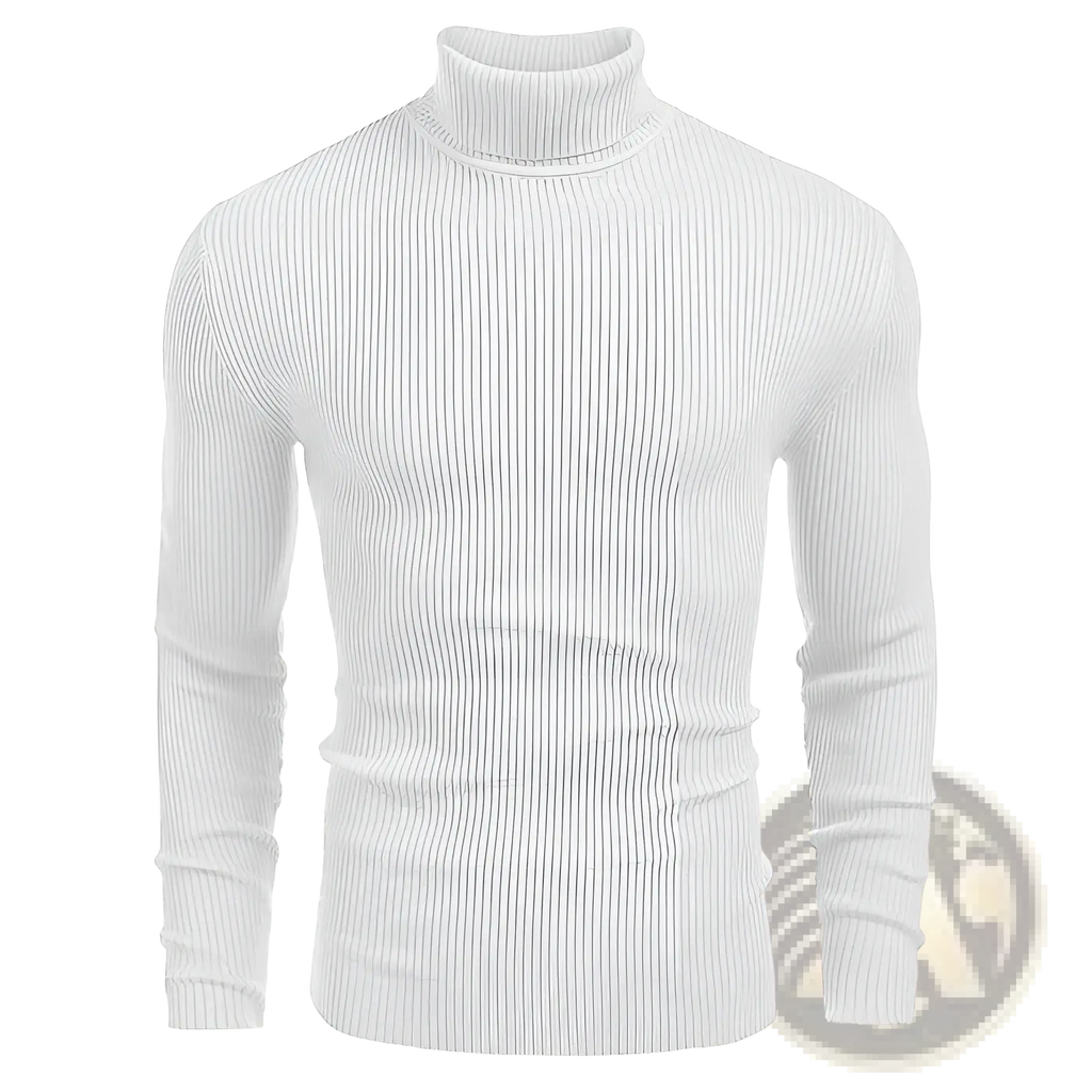 Men slim fit turtleneck sweater in white ribbed knit with a snug, form-fitting design for stylish layering