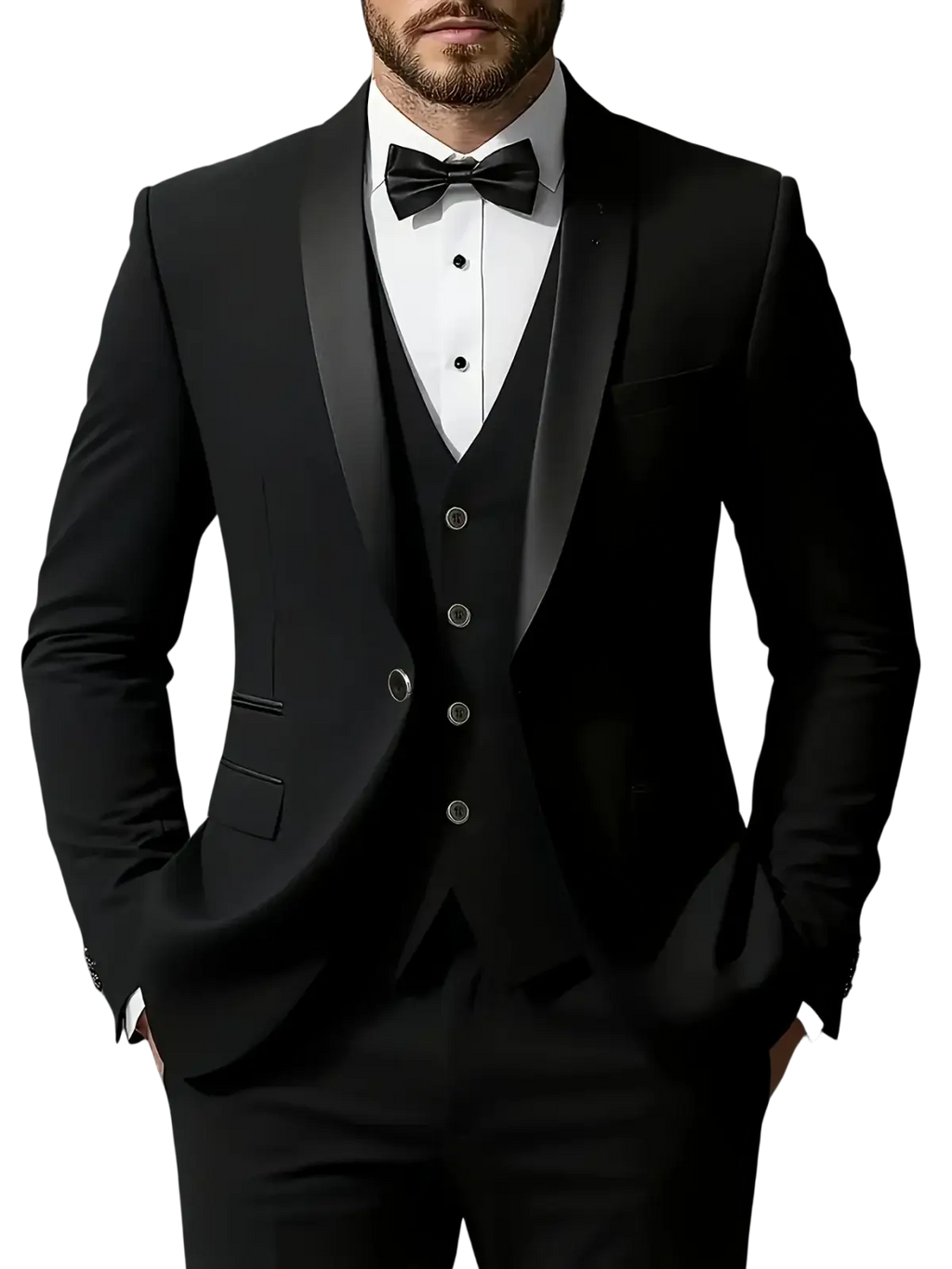 Black slim fit tuxedo suit with satin lapels and matching vest featuring single breasted closure type