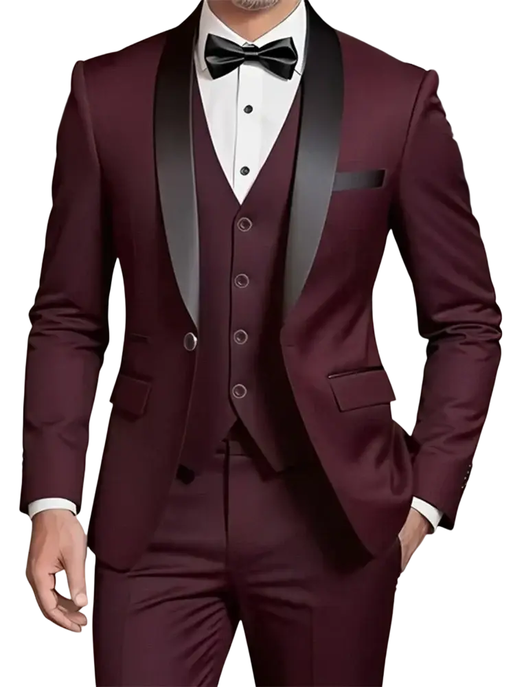 Men slim fit maroon tuxedo suit with black satin lapels and matching vest featuring single breasted closure type
