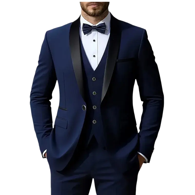 Men slim fit navy blue tuxedo suit with black satin lapels and matching vest featuring single breasted closure type