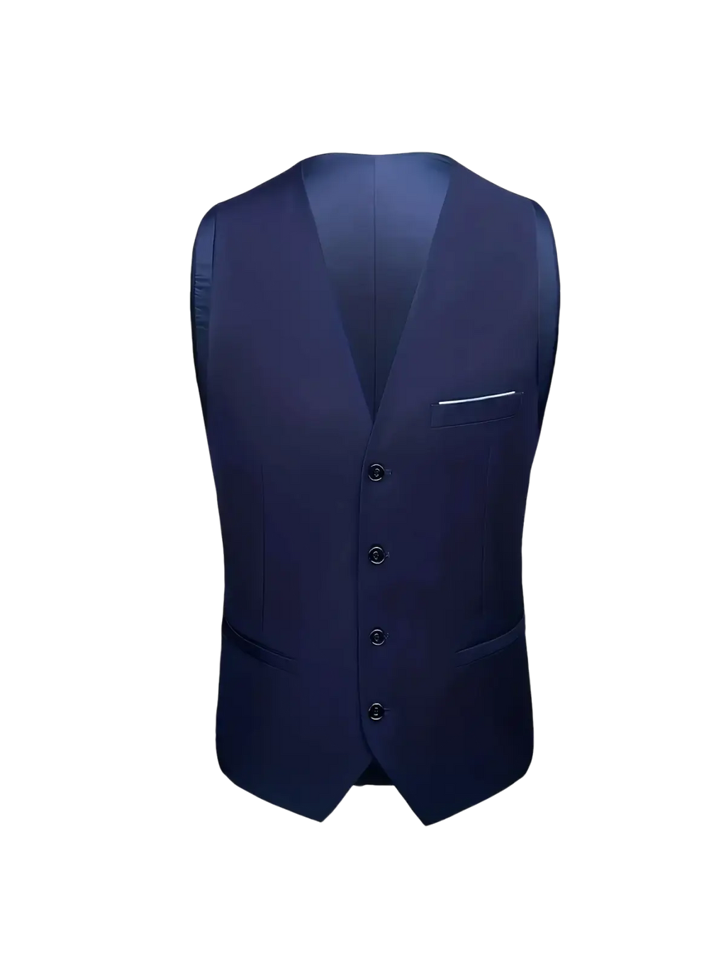Navy blue tailored men slim fit tuxedo suit vest with sleek modern design and subtle white stitching closure type single breasted closure