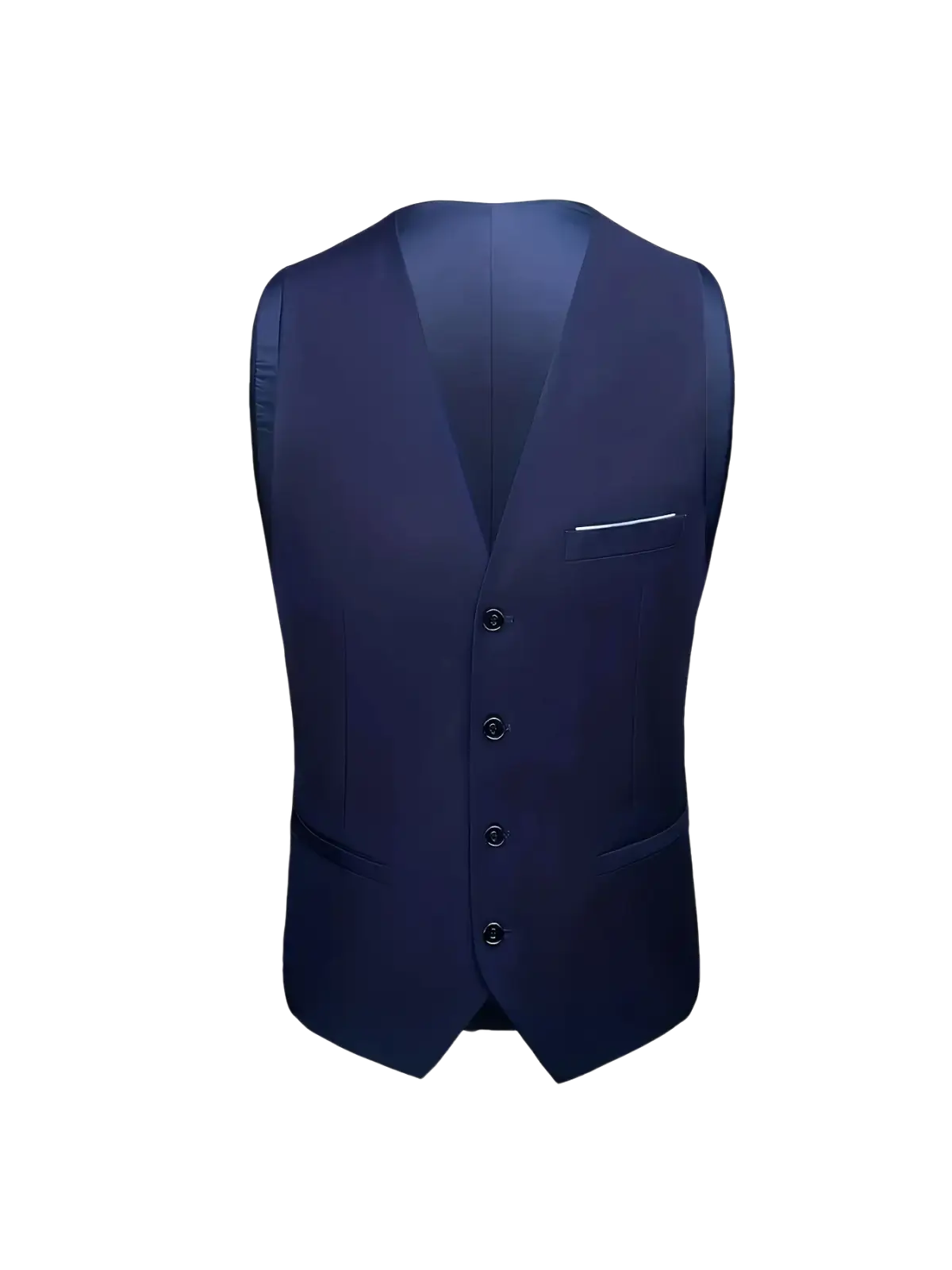 Navy blue tailored men slim fit tuxedo suit vest with sleek modern design and subtle white stitching closure type single breasted closure