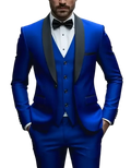 Men slim fit tuxedo suit in vibrant royal blue with black satin lapels and single breasted closure type vest