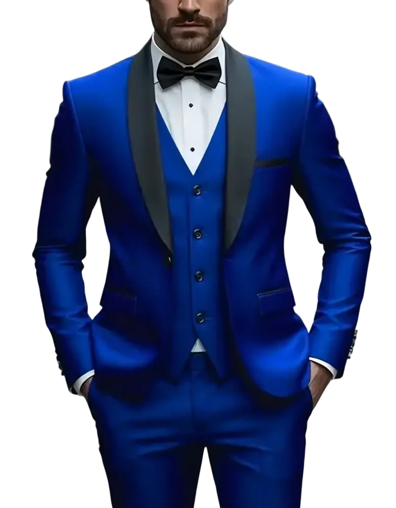 Men slim fit tuxedo suit in vibrant royal blue with black satin lapels and single breasted closure type vest
