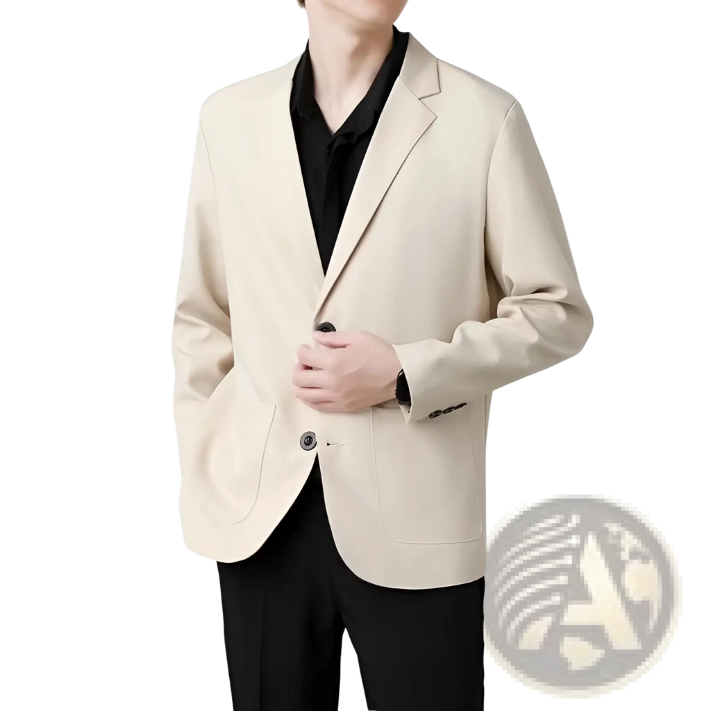 Men slim fit beige blazer with sleek modern cut and black buttons ideal for formal and business occasions