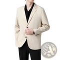 Men slim fit beige blazer with sleek modern cut and black buttons ideal for formal and business occasions