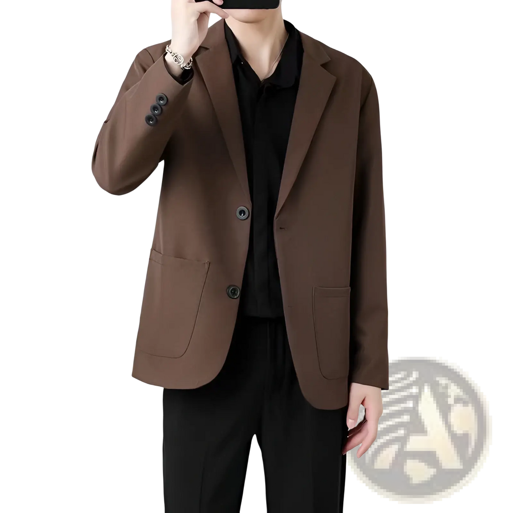 Men slim fit two button brown blazer with black buttons and sleek modern design for formal occasions