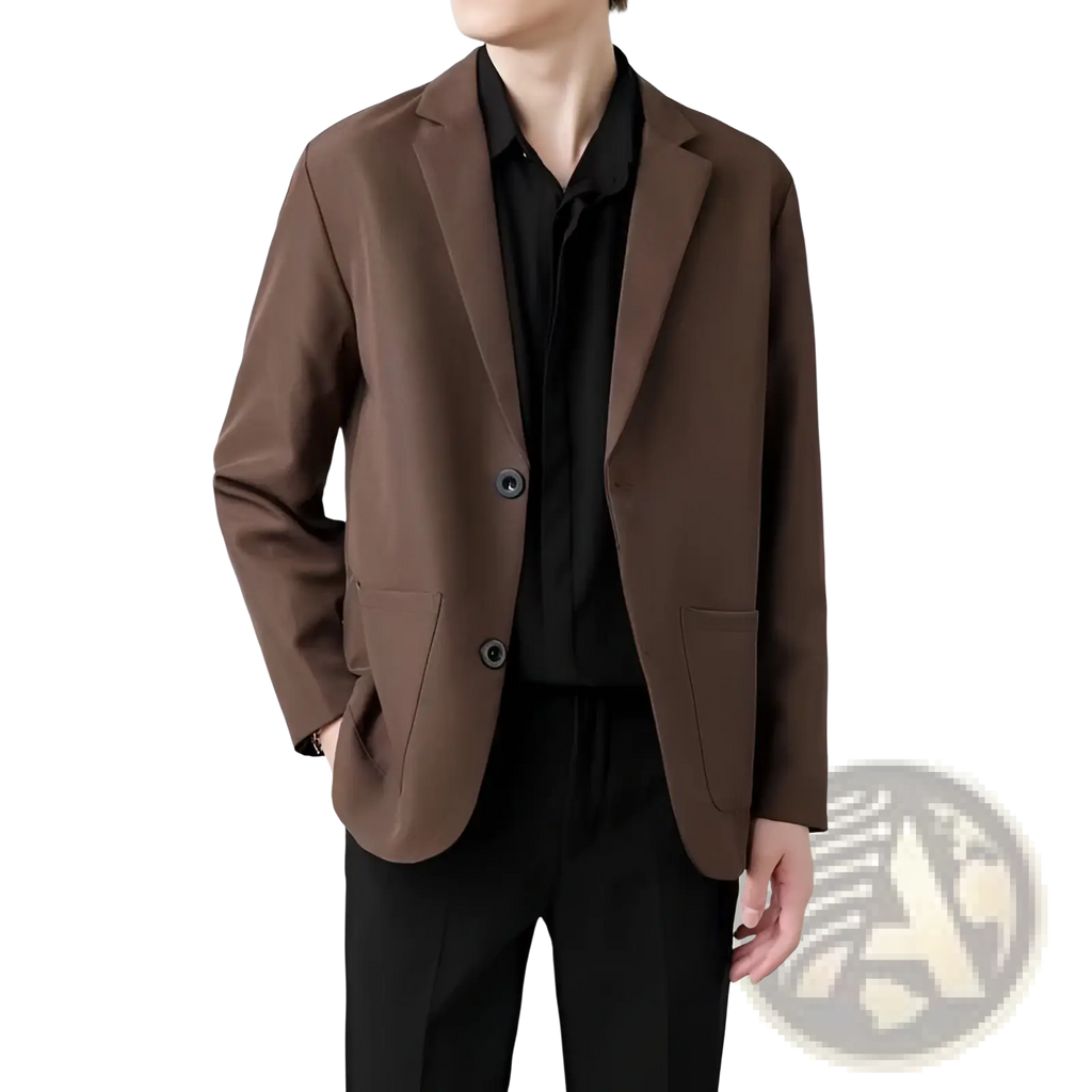 Men slim fit brown blazer with sleek modern cut and two front buttons for formal and professional wear