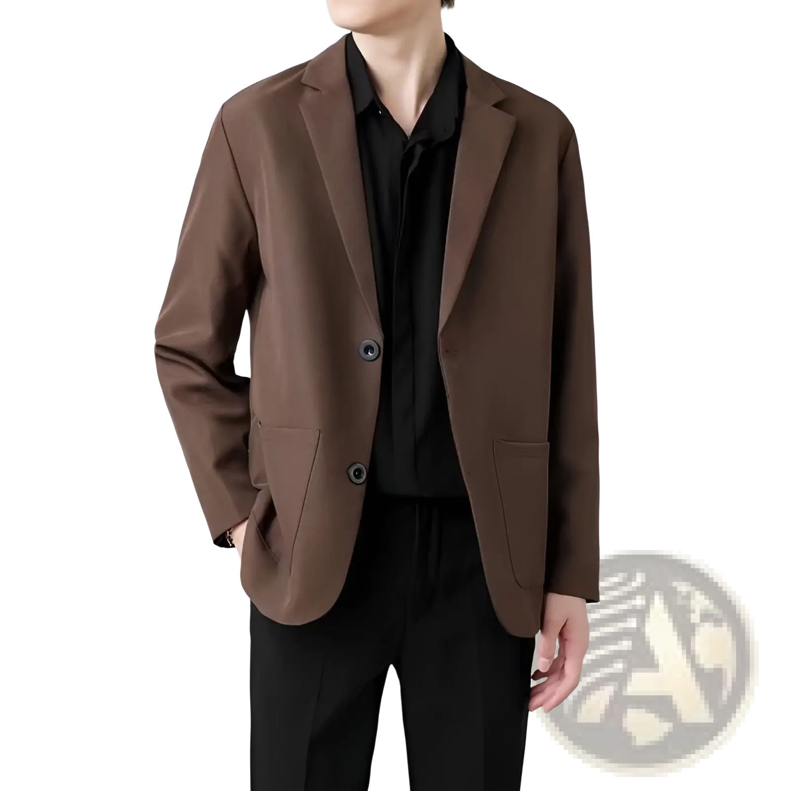 Men slim fit brown blazer with sleek modern cut and two front buttons for formal and professional wear