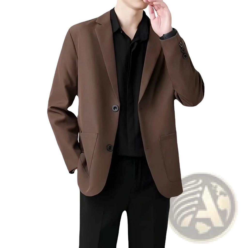 A sleek chocolate-brown men slim fit two button blazer with modern cut and black buttons