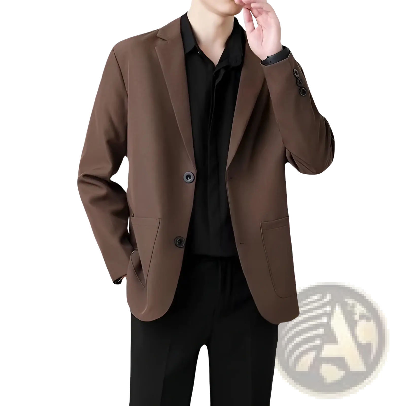 A sleek chocolate-brown men slim fit two button blazer with modern cut and black buttons