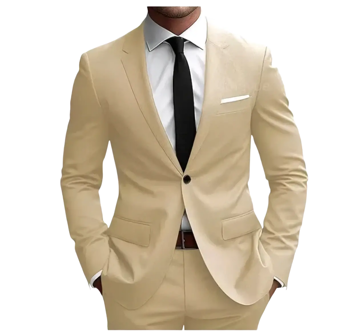 Beige men slim fit two piece suit with single-breasted design smooth fabric and matching tailored trousers for formal business