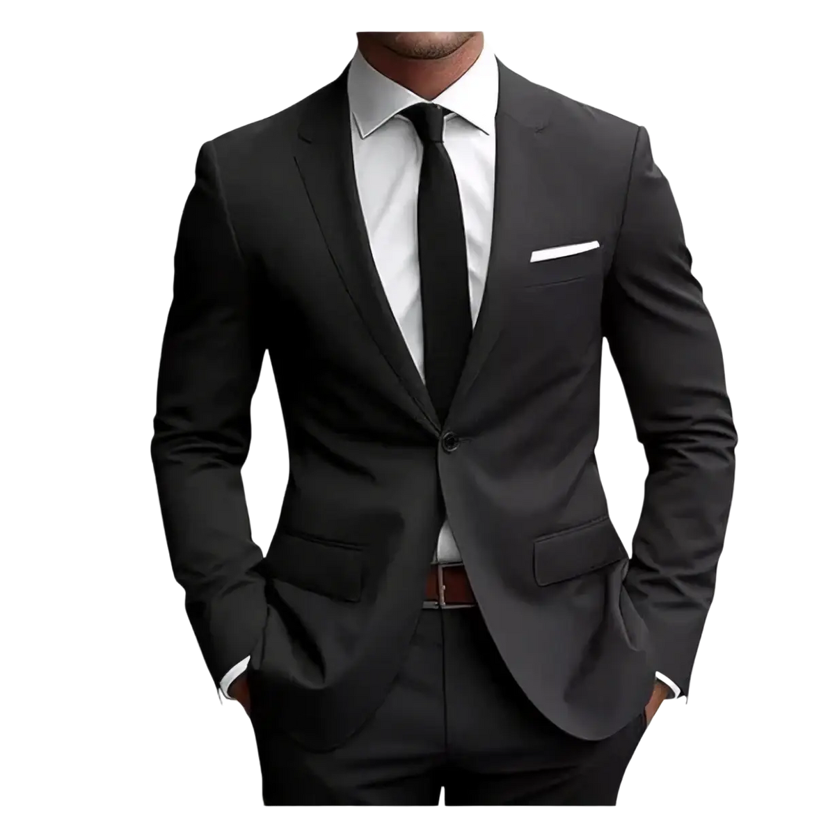 Men slim fit two piece suit featuring a black tailored jacket with notched lapels and white pocket square for formal business use