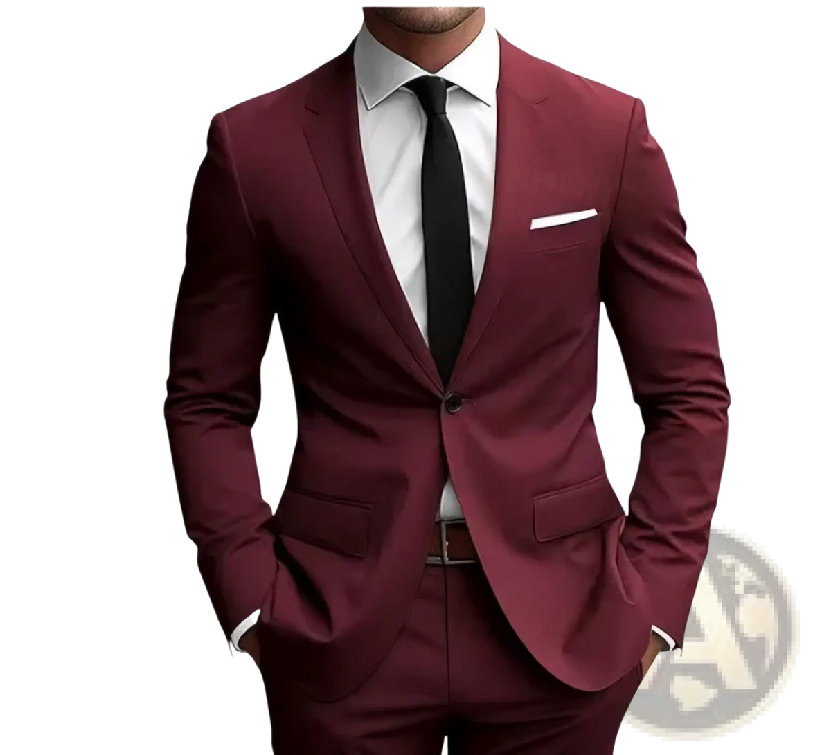 A tailored maroon men slim fit two piece suit with a sleek modern cut and matching trousers for formal business use