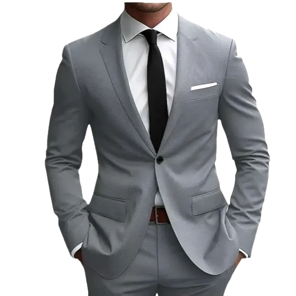 Men slim fit gray textured suit jacket with notched lapels and single button closure for formal business use