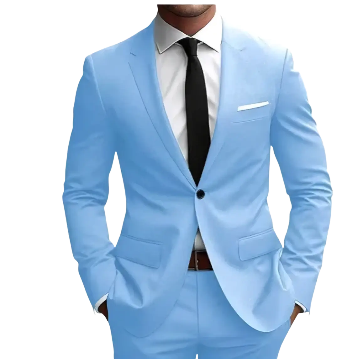 Men slim fit two piece light blue tailored suit with single-breasted design black tie and white shirt formal business ensemble