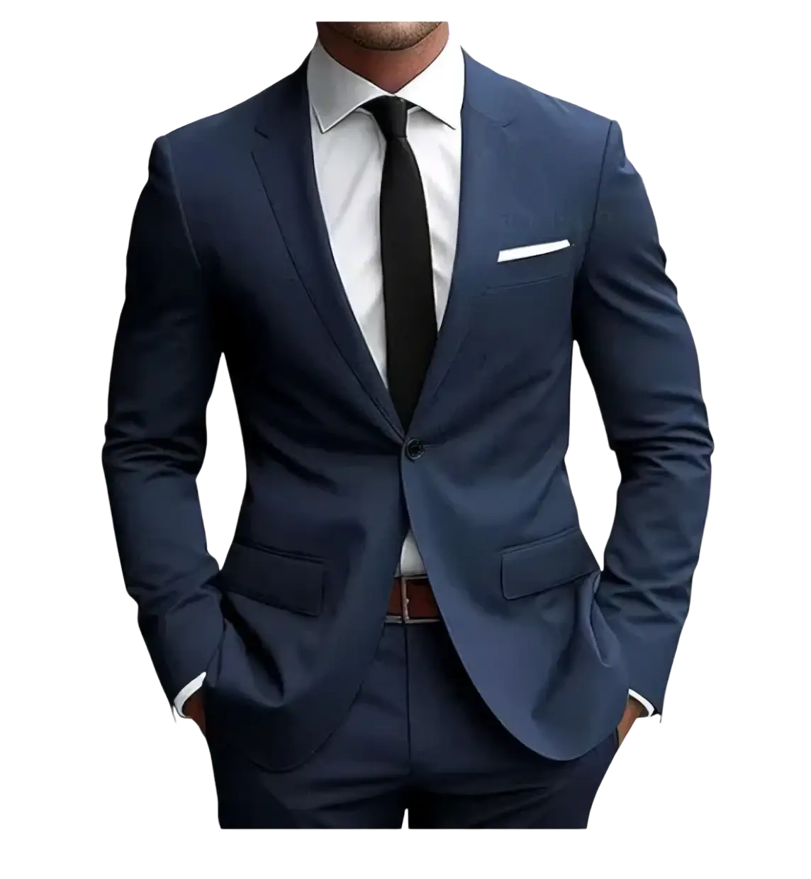 Men slim fit two piece suit navy blue tailored jacket with single button closure and white pocket square for formal business use