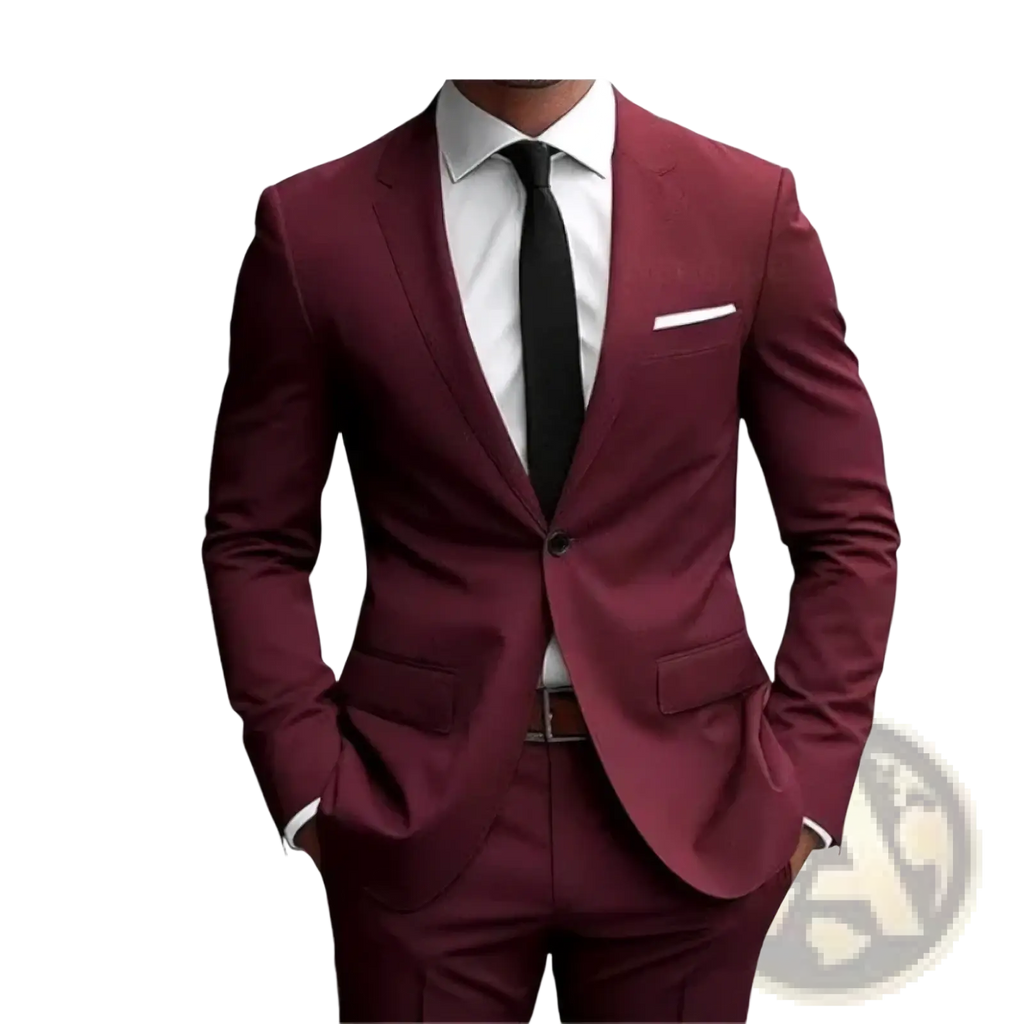 A sleek maroon men slim fit two piece suit with single-button closure and matching trousers for formal business use