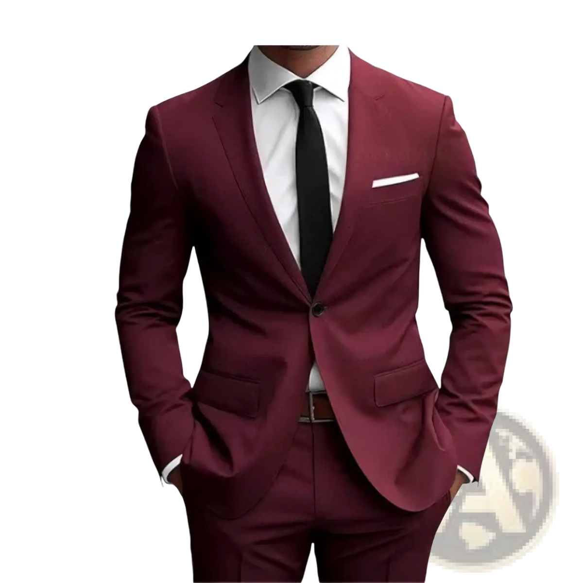 A sleek maroon men slim fit two piece suit with single-button closure and matching trousers for formal business use