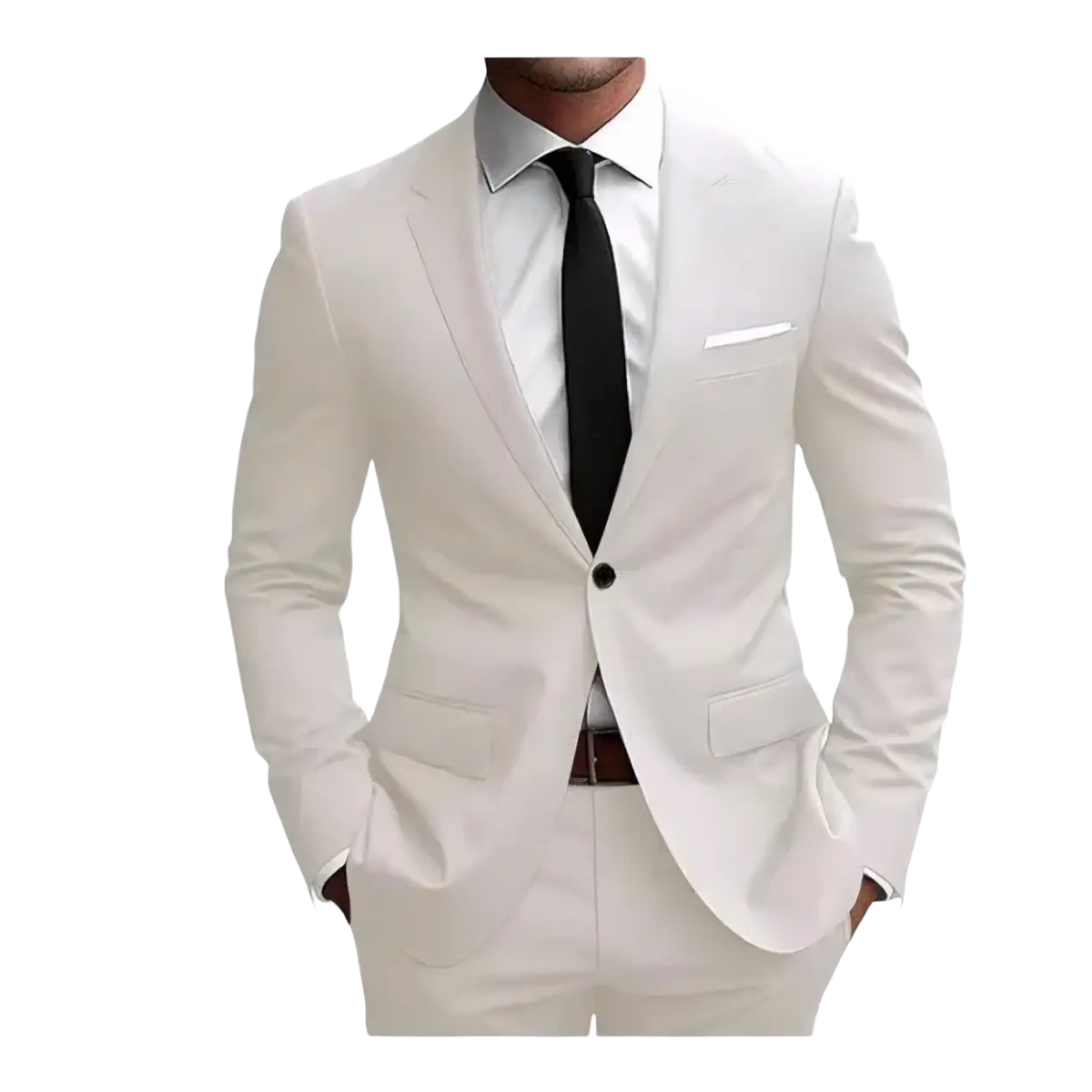Men slim fit off-white tailored two piece suit with single button jacket and matching trousers for formal business wear