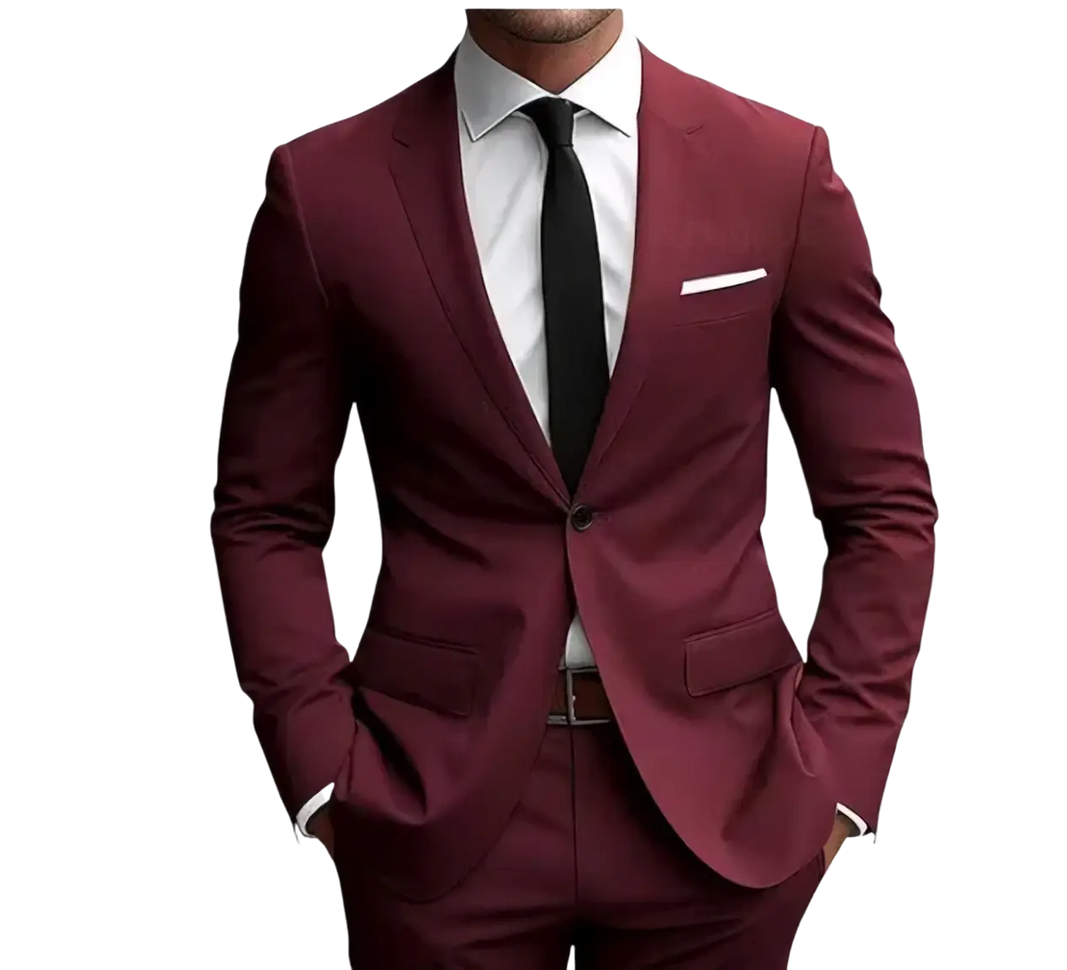 A tailored maroon men slim fit two piece suit with a sleek modern cut and matching trousers for formal business use