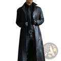 Men slim black leather trench coat with classic collar and buttoned front for stylish outerwear