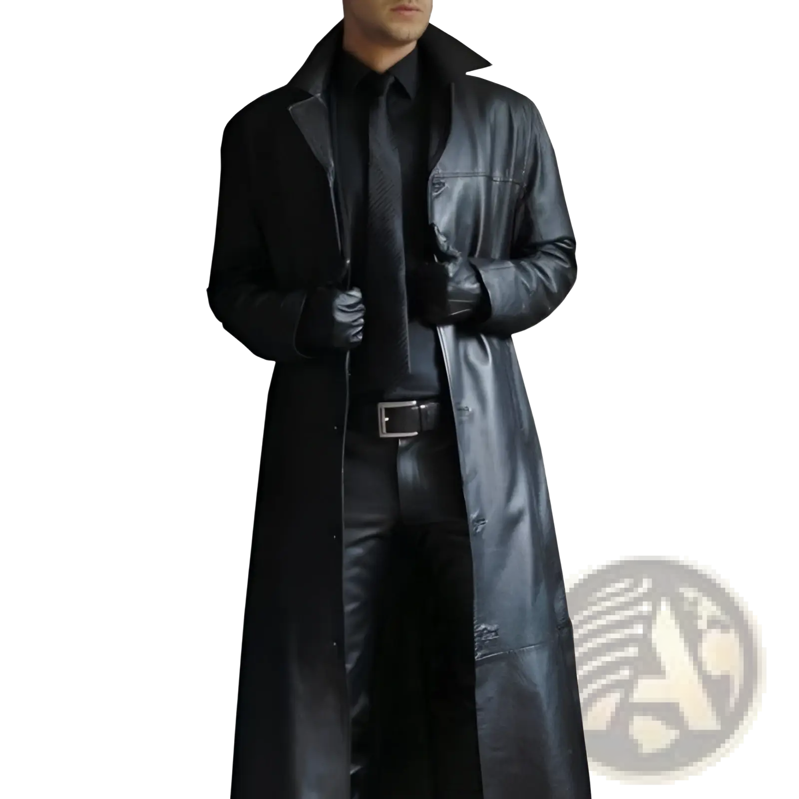 Men slim black leather trench coat with classic collar and buttoned front for stylish outerwear