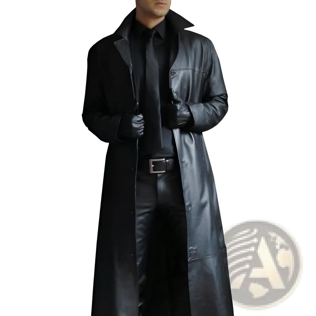 Men slim black leather trench coat with classic collar and buttoned front for stylish outerwear