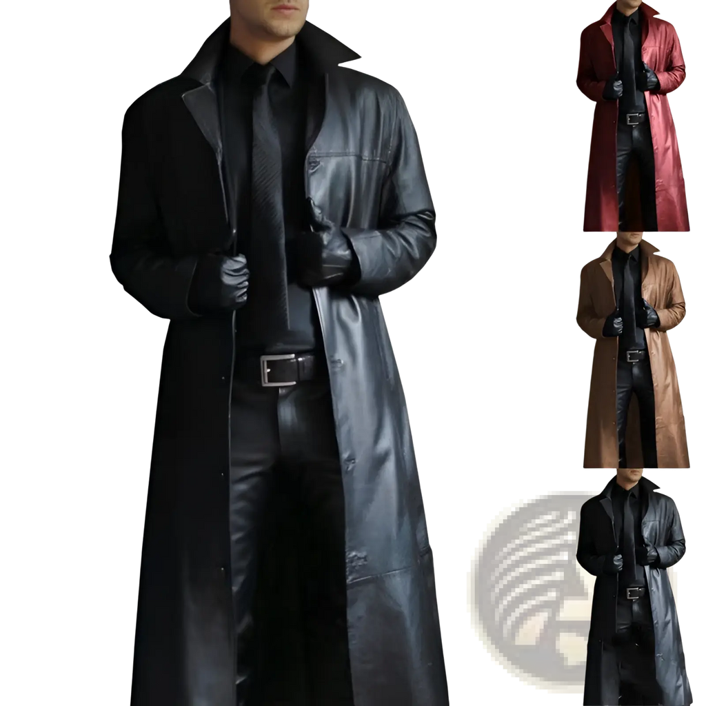 Men slim black leather trench coat with classic collar and button closure shown from the front side